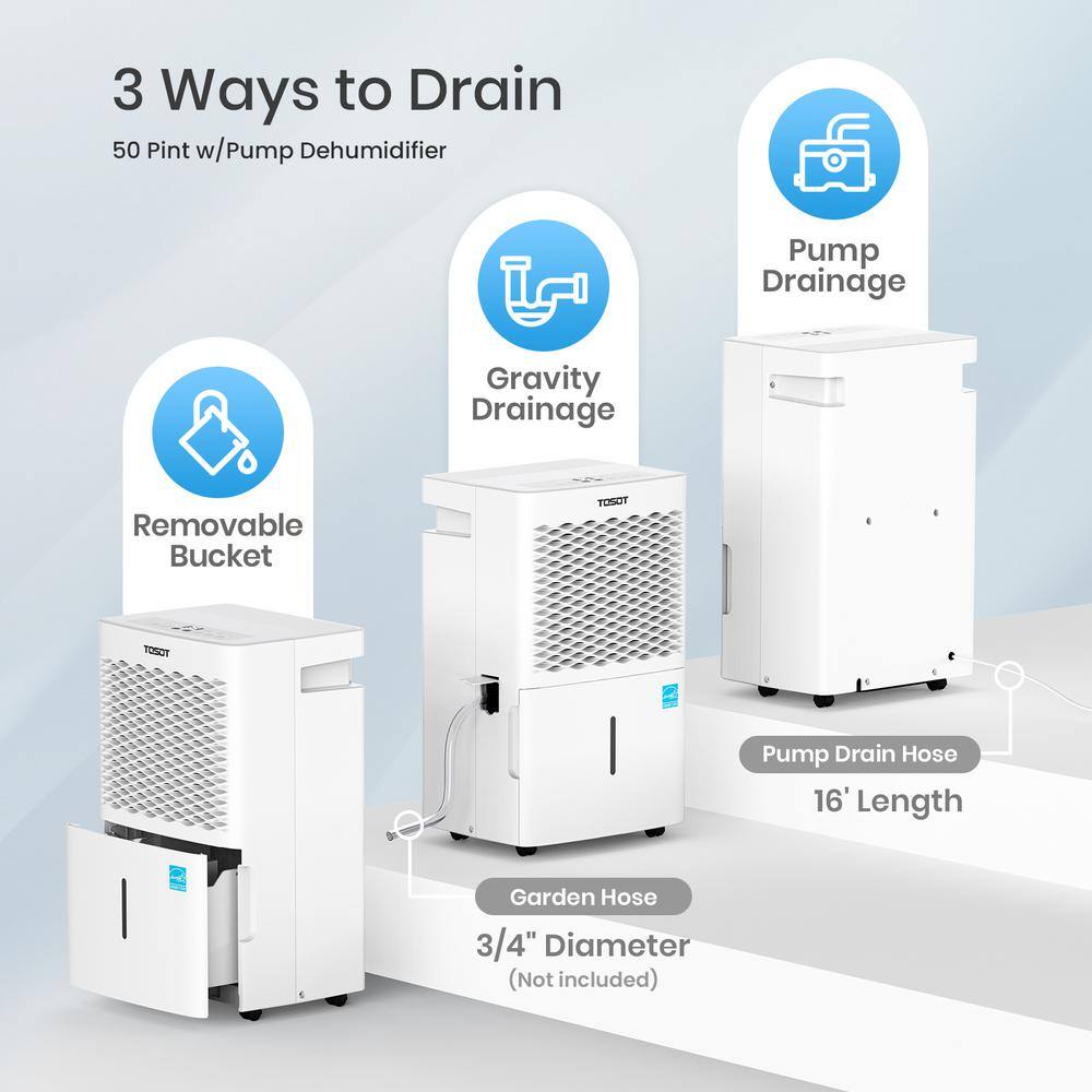 Tosot 50-Pint Capacity with Internal Pump 4500 sq.ft. Energy Star Dehumidifier for Home Basement 50 Pint with pump