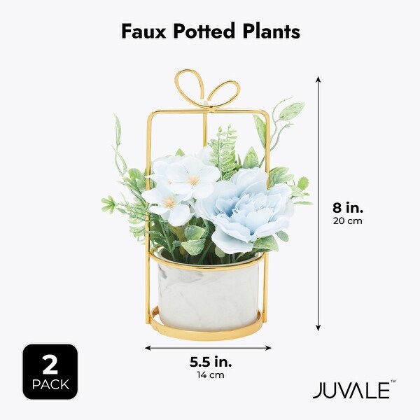 Faux Hydrangea Flowers and Ceramic Planter with Stand，Artificial Potted Plants