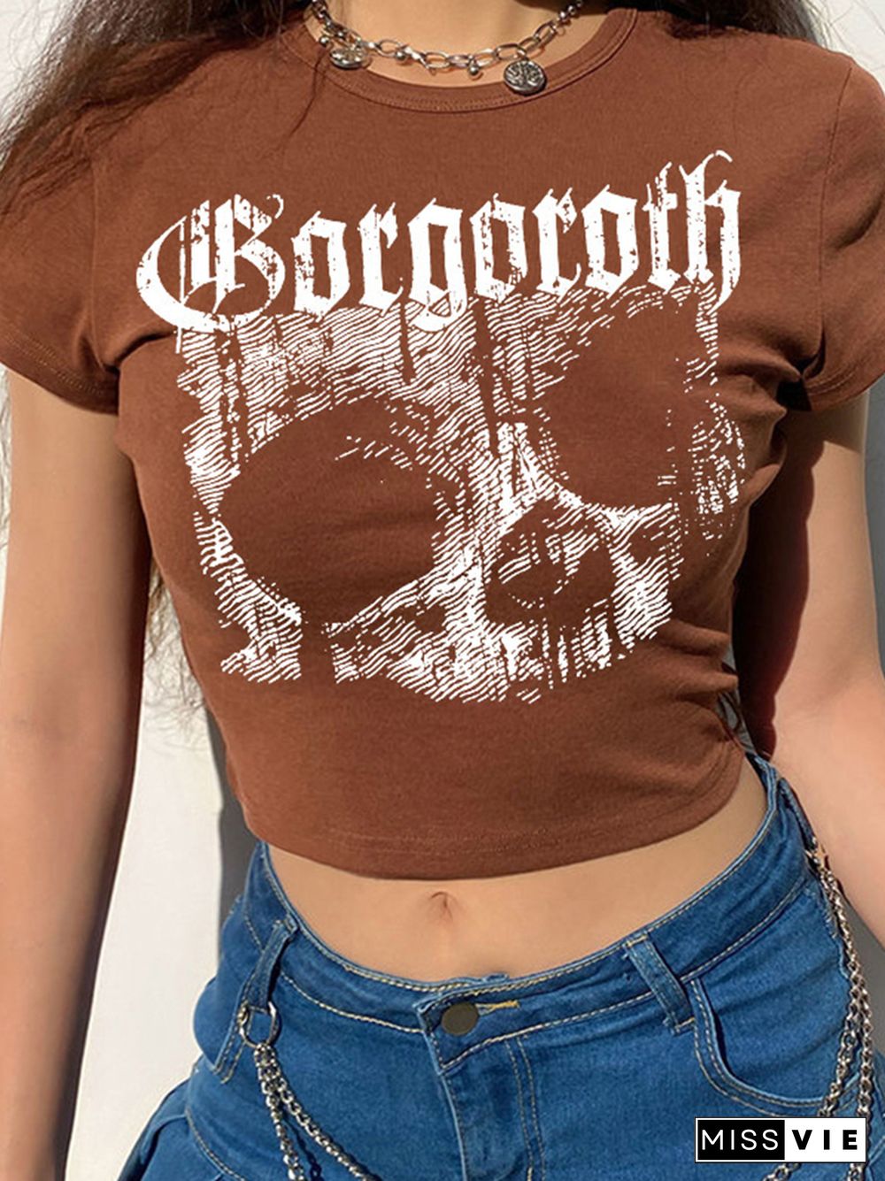 Vintage Short Sleeve T-shirt 90s Gothic Harajuku Print Pattern Croptop Skeleton Skull Punk Streetwear Aesthetic Female Mujer Top