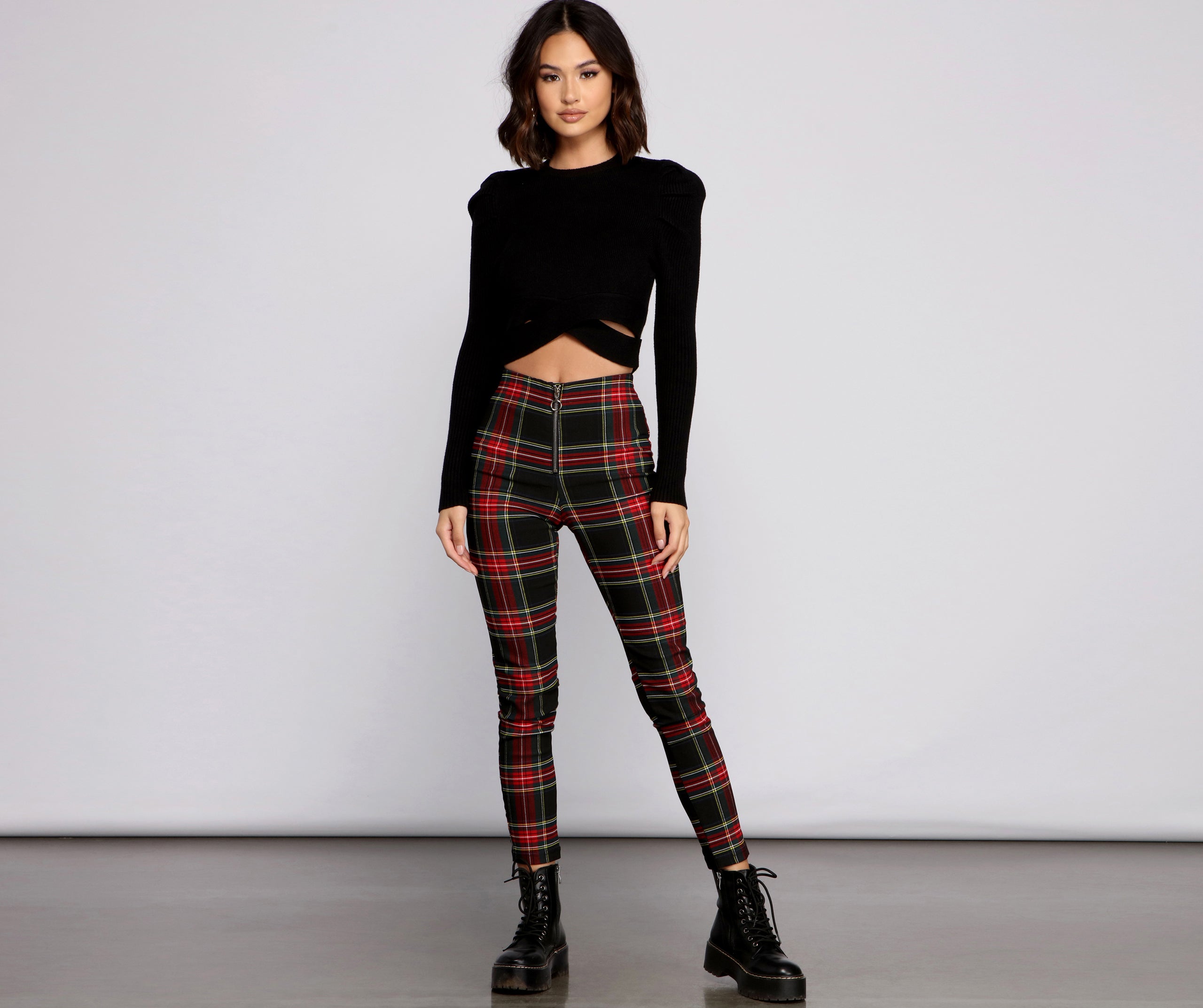 High Waist Plaid Zip Front Pants