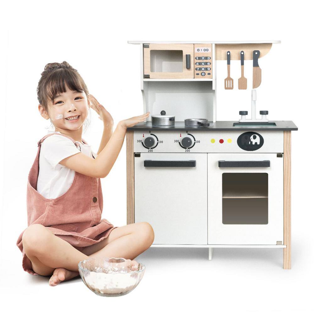 Huluwat White Pretend Wooden Kitchen Play set for Kids and Children DJ-TC-EL-WG01