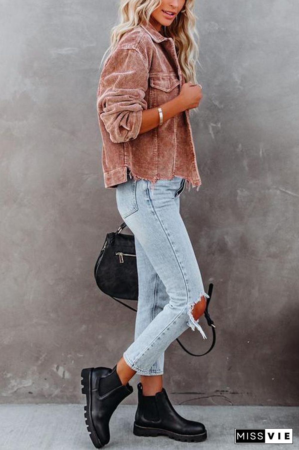 Frayed Hem Cropped Corduroy Jacket