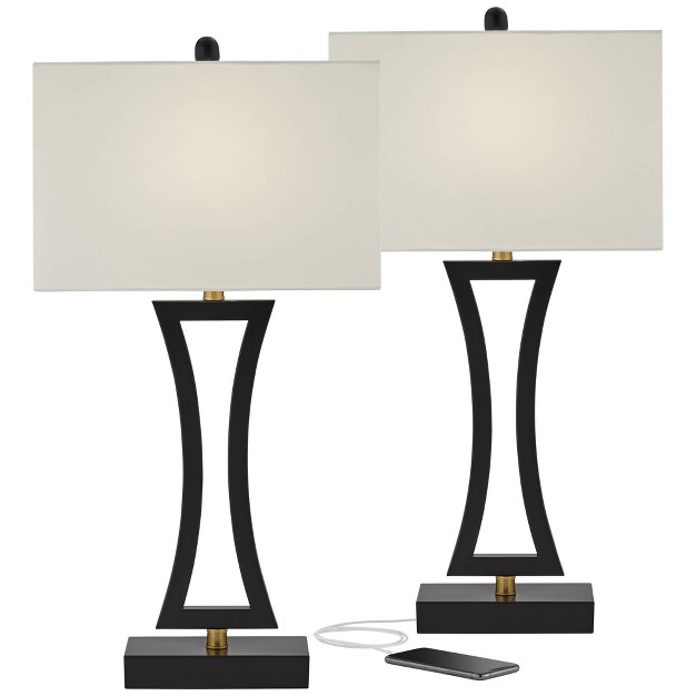 Tall Set Of 2 Black Metal With Usb Charging Port White Rectangular Shade For Bedroom Living Room Bedside