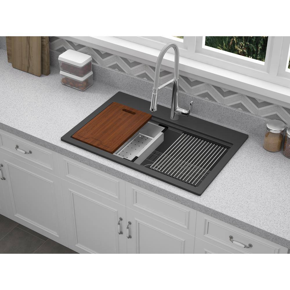 CMI Dual Mount Rustin Granite Workstation 33 in. 1-Hole Single Bowl Kitchen Sink in Black 132-6984