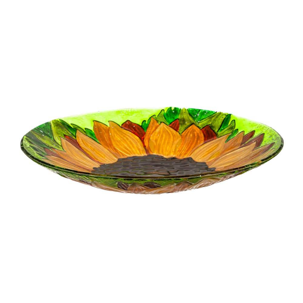 Evergreen 18 in. Fall Sunflower Hand Painted Embossed Glass Bird Bath 2GB6931