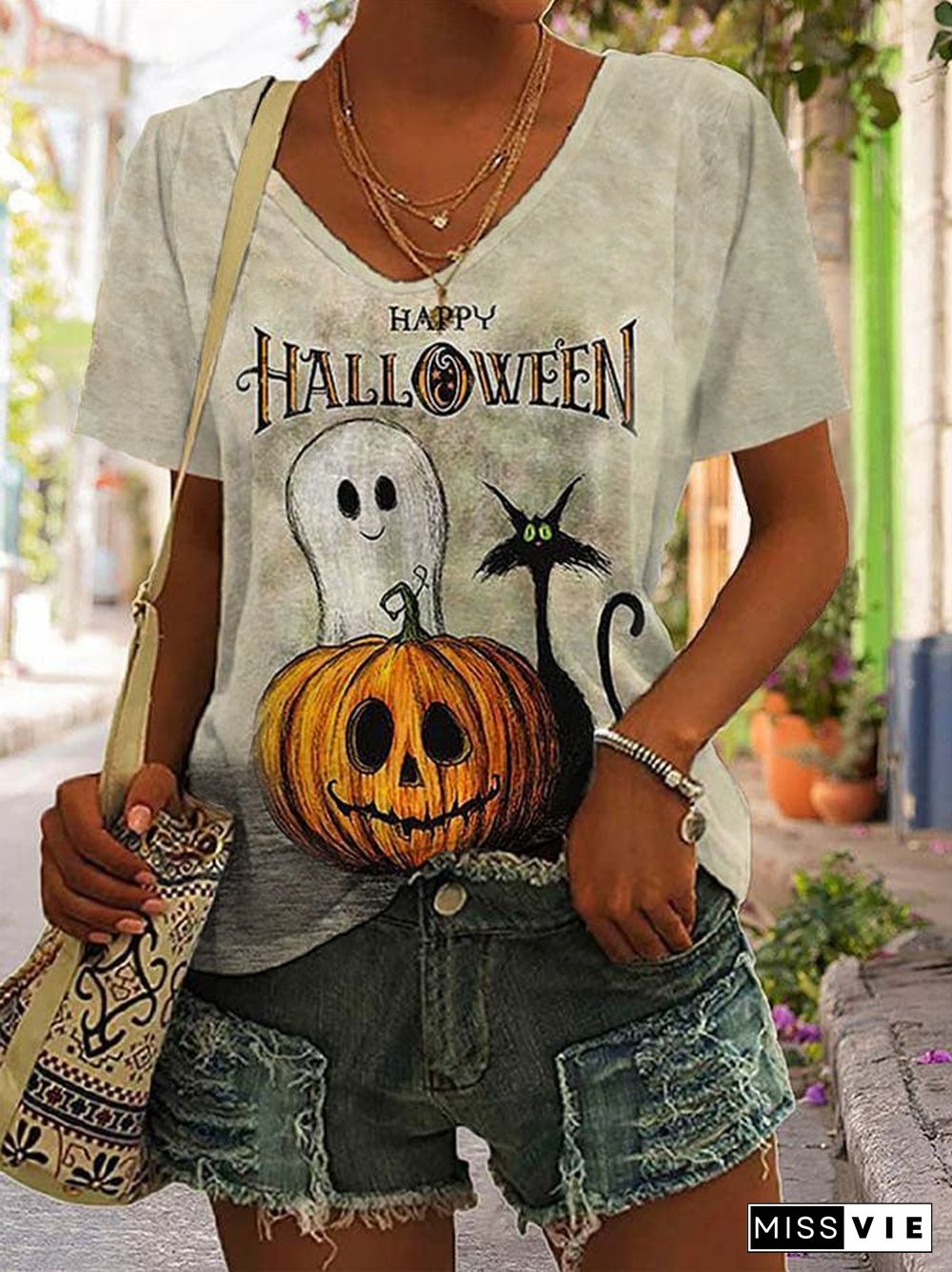 Women's Happy Halloween Ghost Print T-Shirt