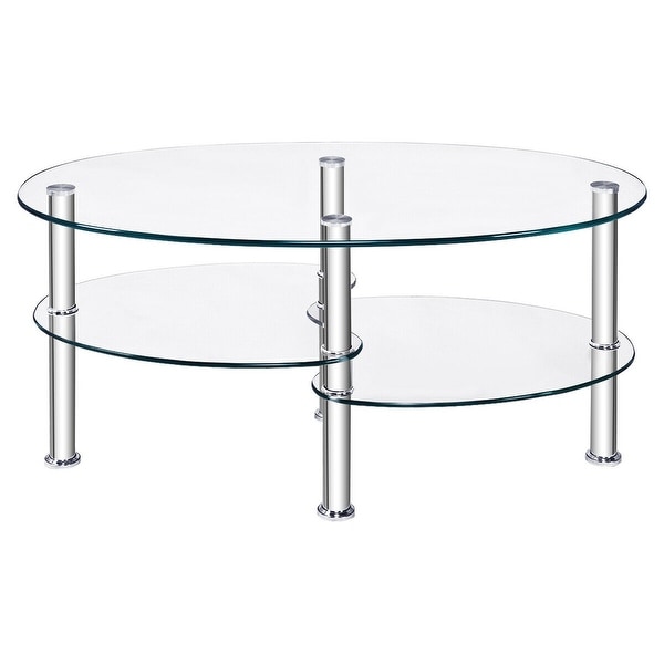 Costway Tempered Glass Oval Side Coffee Table Shelf Chrome Base Living