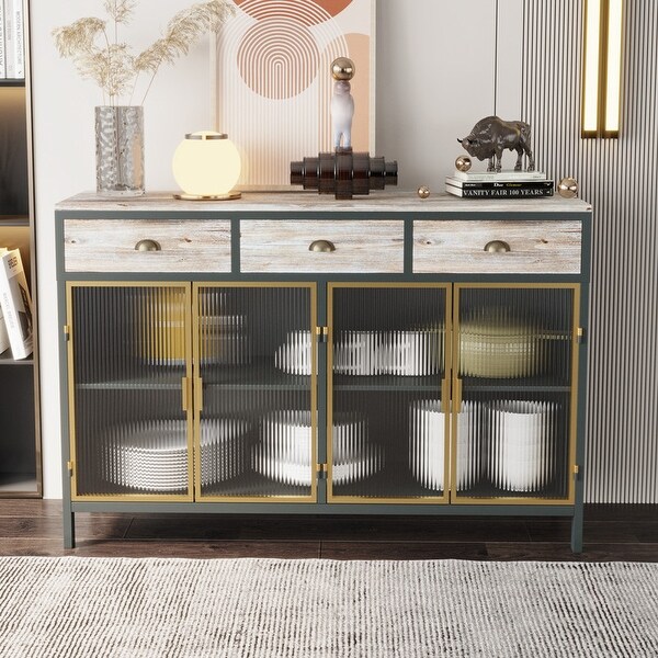 2 Glass Doors Sideboard Storage Cabinet with 3 Top Drawers