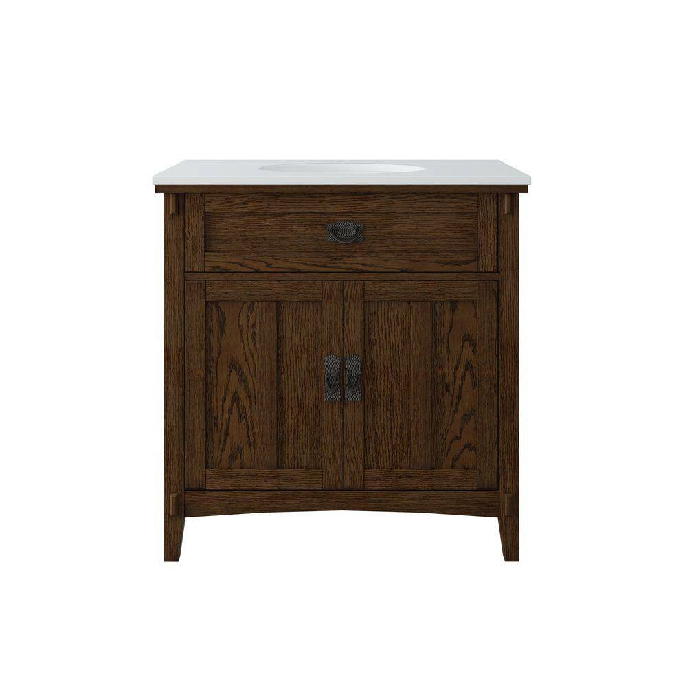 Home Decorators Collection Artisan 33 in. W Vanity in Dark Oak with Marble Vanity Top in Natural White with White Sink MD-V1757