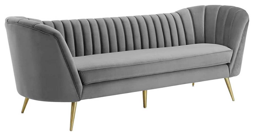 Mid Century Sofa  Velvet Upholstered Seat With Curved Channel Tufted Back  Gray   Transitional   Sofas   by Decorn  Houzz