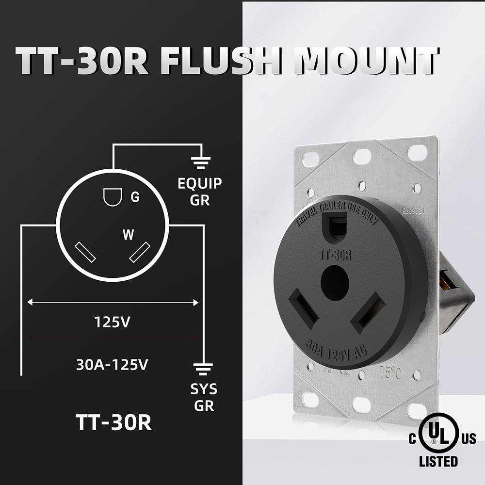 ELEGRP 30 Amp 120 VoltNEMA TT-30R RV Flush Mount Power Outlet Single Straight Blade Outlet for RV and Electric VehiclesBlack 2107S