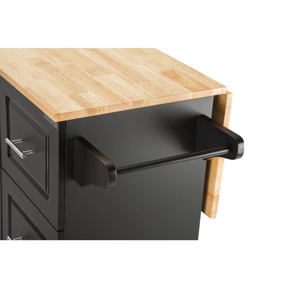 Tileon Black Rubber Wood 53.93 in. Kitchen Island with Drop Leaf Top 3-Drawers Adjustable Shelves and Spice Rack AYBSZHD2576