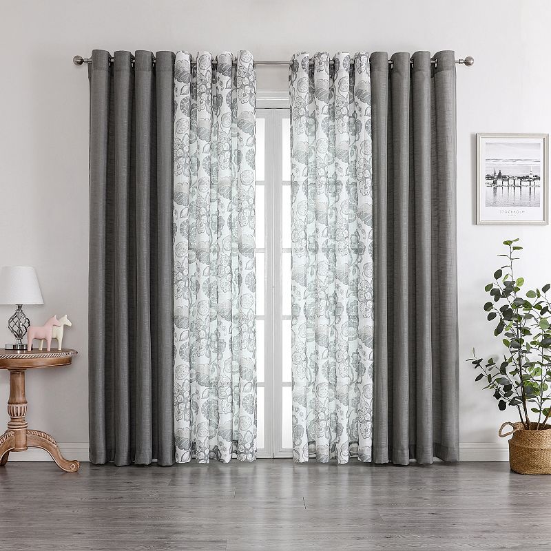 Kate Aurora Biscayne Bay Floral 4 Piece Coordinating Deluxe Flax Styled Sheer Grommet Top Curtains