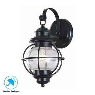 Home Decorators Collection Greer 1-Light Black Exterior Wall Lantern Sconce with Caged Seeded Glass HDP13669