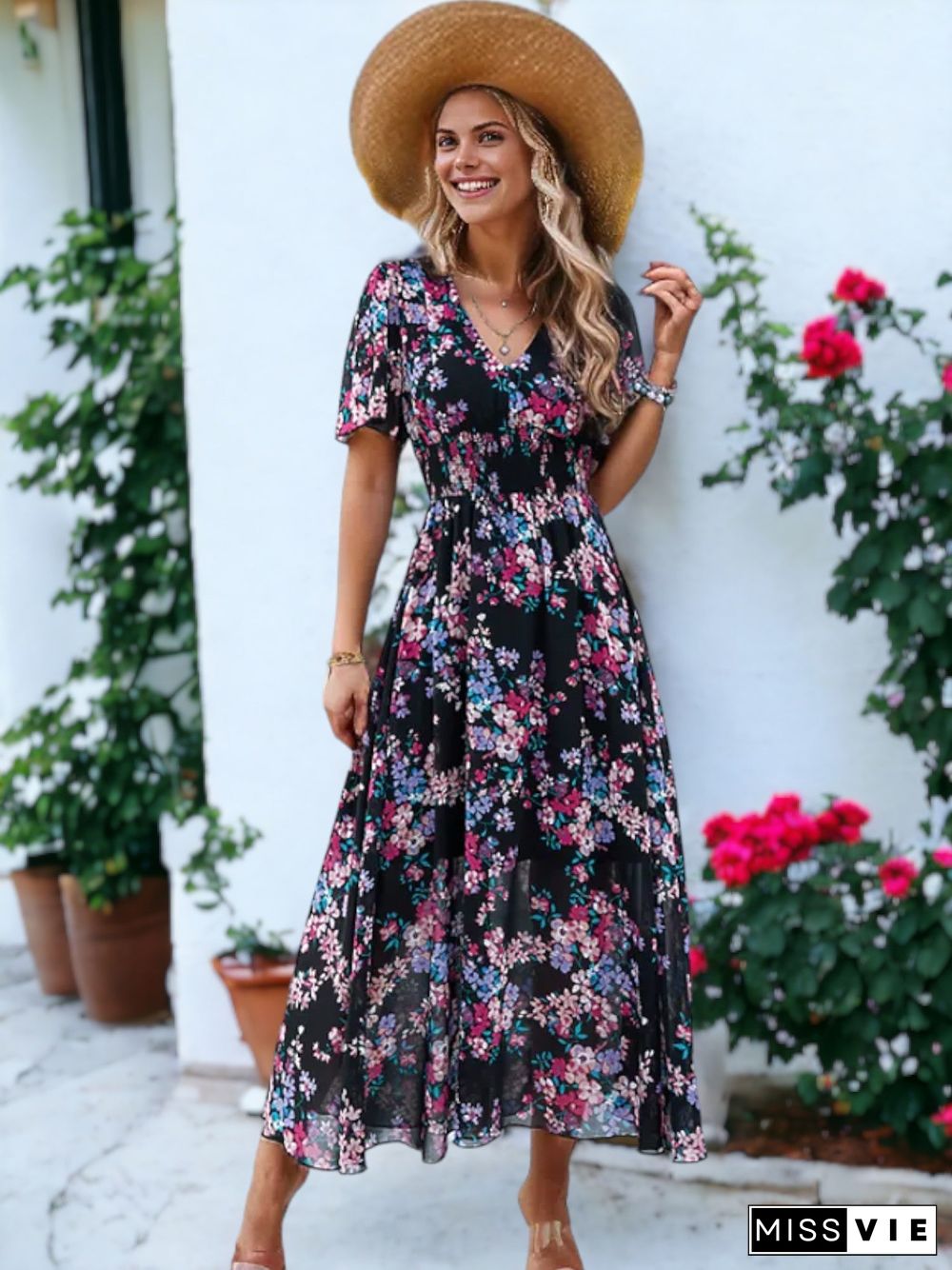 Floral Printed Short Sleeve Maxi Smocked Dress