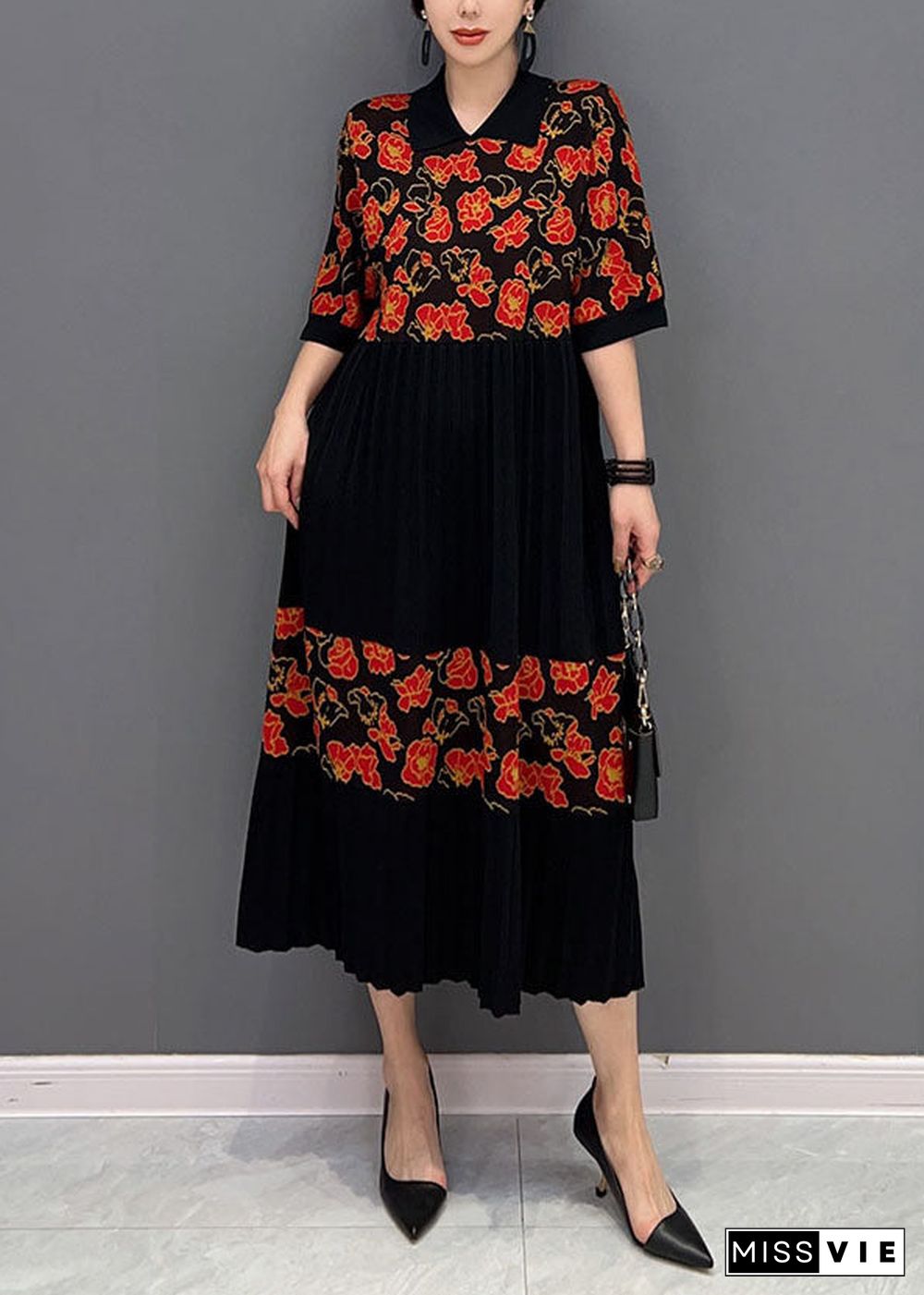 Red Patchwork Knit Pleated Dresses Turn-down Collar Print Summer