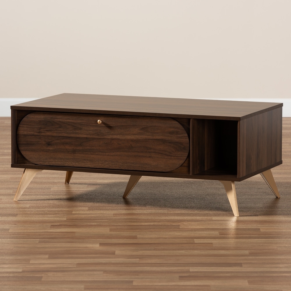 Edel Mid Century Walnut Brown and Gold Finished Wood Coffee Table