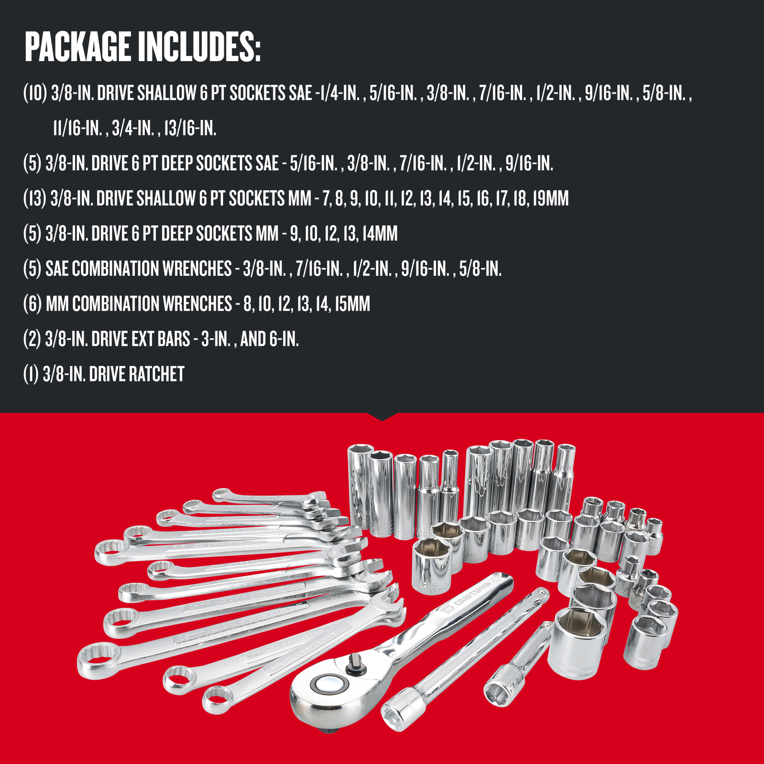 Craftsman 3/8 in. drive Metric and SAE 6 Point Mobile Mechanic\u0027s Tool Set 47 pc