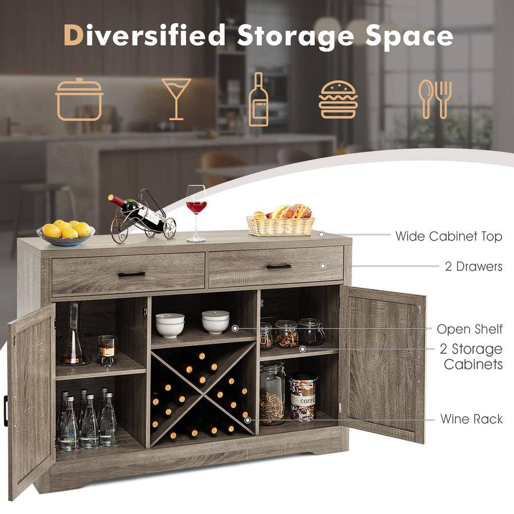 Bunpeony Grey Wooden Sideboard Buffet 52 in. Kitchen Island Kitchen Storage Cabinet with Detachable Wine Rack ZY1K0090