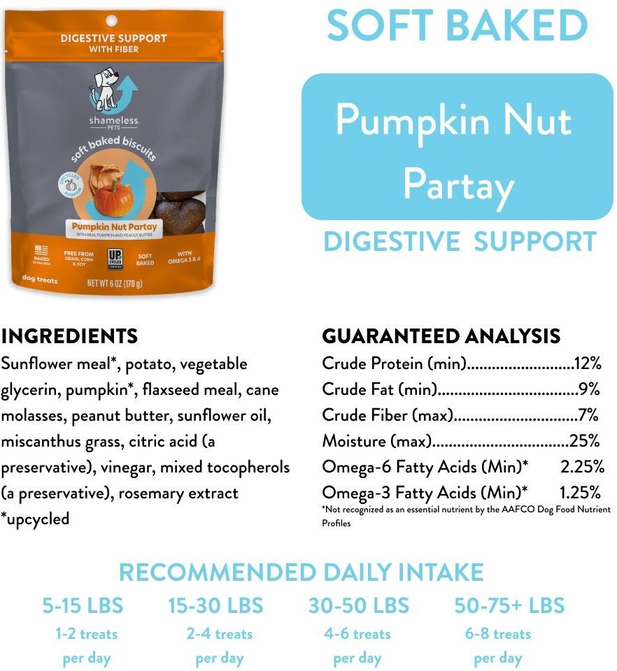 Shameless Pets Soft Baked Pumpkin Nut Partay Flavor Grain-Free Dog Treats， 6-oz bag