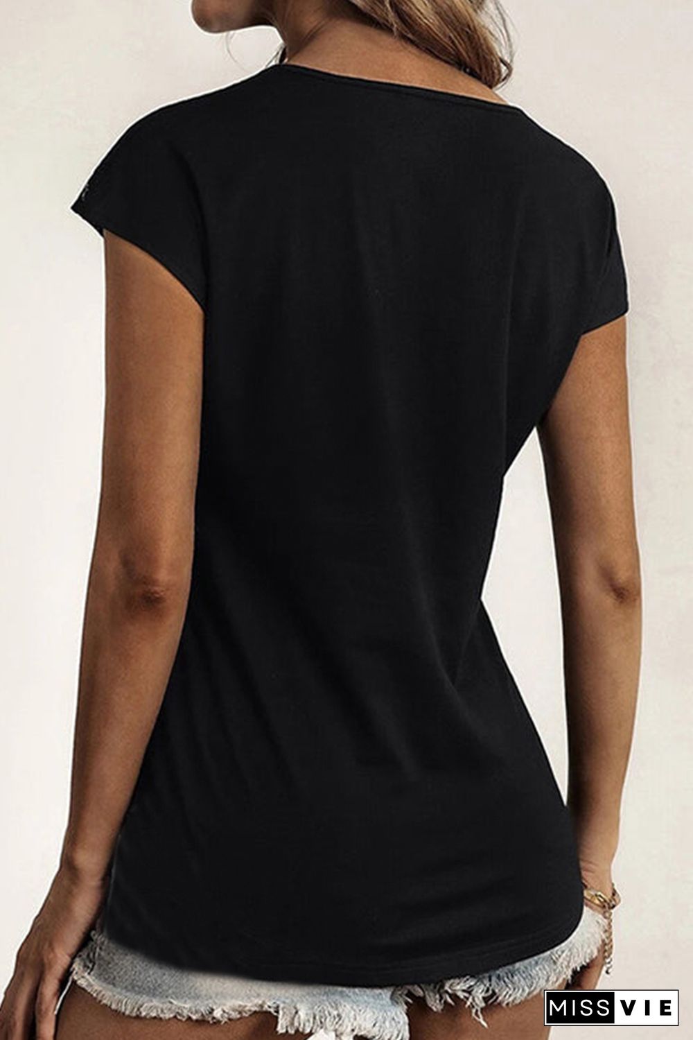 Black Zip Neck Lace Splicing Short Sleeve Tee