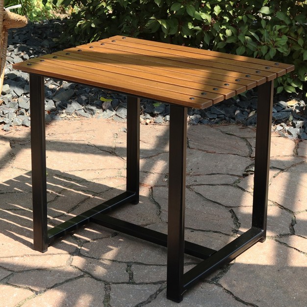 Sunnydaze Outdoor Rectangle Side Table Chestnut With Powder coated Steel Frame Brown