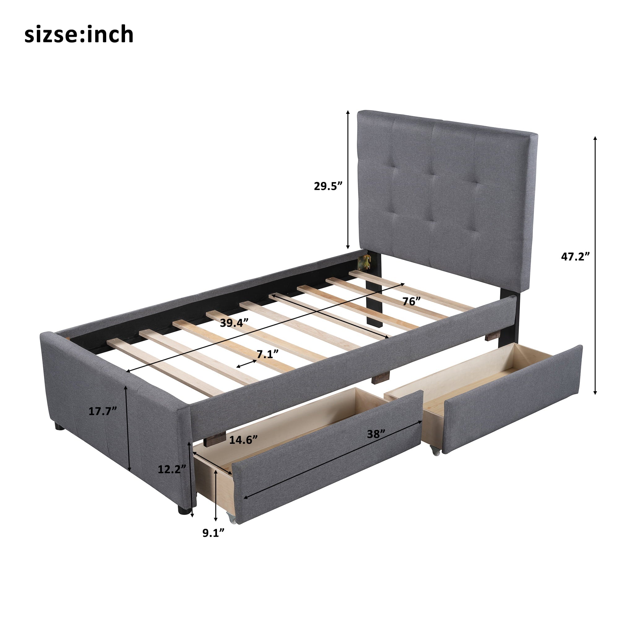 Twin Upholstered Platform Bed with 2 Storage Drawers for Kids, Gray