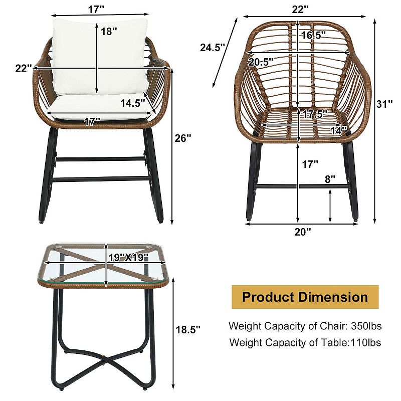 3 Pieces Patio Rattan Bistro Set Cushioned Chair Glass Table Deck