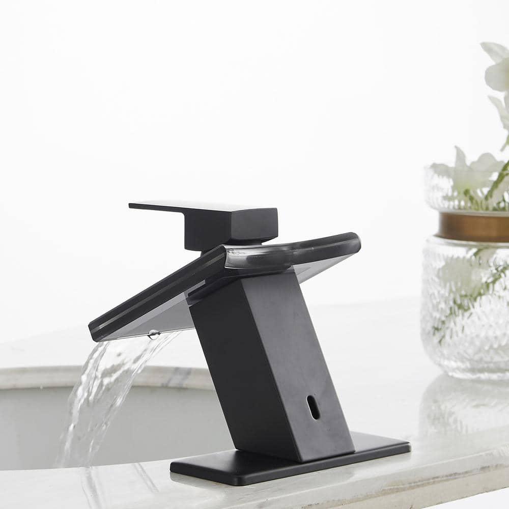 BWE Glass Spout Waterfall Single Hole Single Handle Bathroom Sink Faucet With Pop Up Drain With Overflow In Matte Black