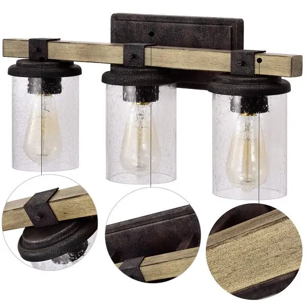 3-light Woodgrain and Black Textured Vanity Light with Clear Seeded Glass - W22