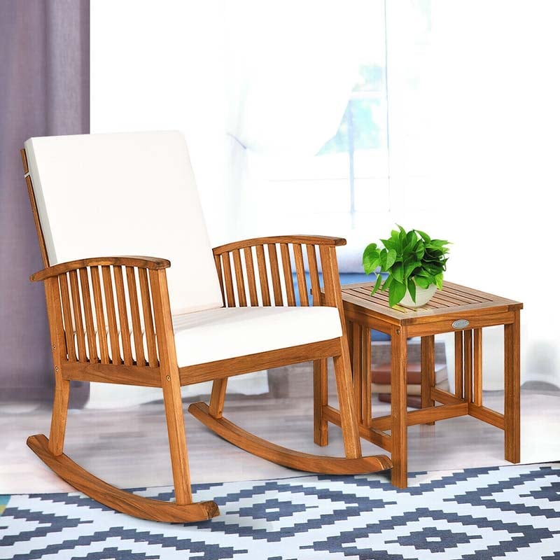 2 Pcs Acacia Wood Patio Rocking Chair Table Set with Thick Cushion, Outdoor Bistro Set Porch Rocker