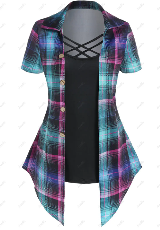 Plaid Print Asymmetric Pointed Hem Crisscross Short Sleeve Faux Twinset T Shirt And Capri Leggings Outfit