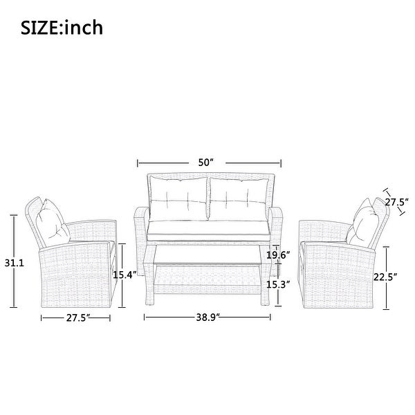 4-Pieces Outdoor Garden Sectional Furniture Set for 4-6， Rattan Sofa Set with Tempered Glass Coffee Table， Ottoman and Cushions - Overstock - 37476115