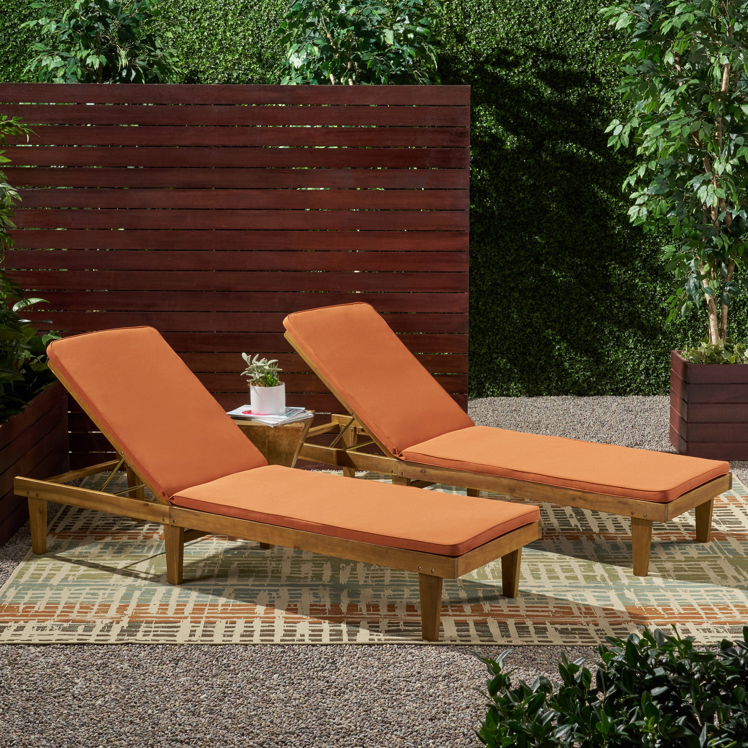 Nadine Outdoor Modern Acacia Wood Chaise Lounge with Cushion (Set of 2)