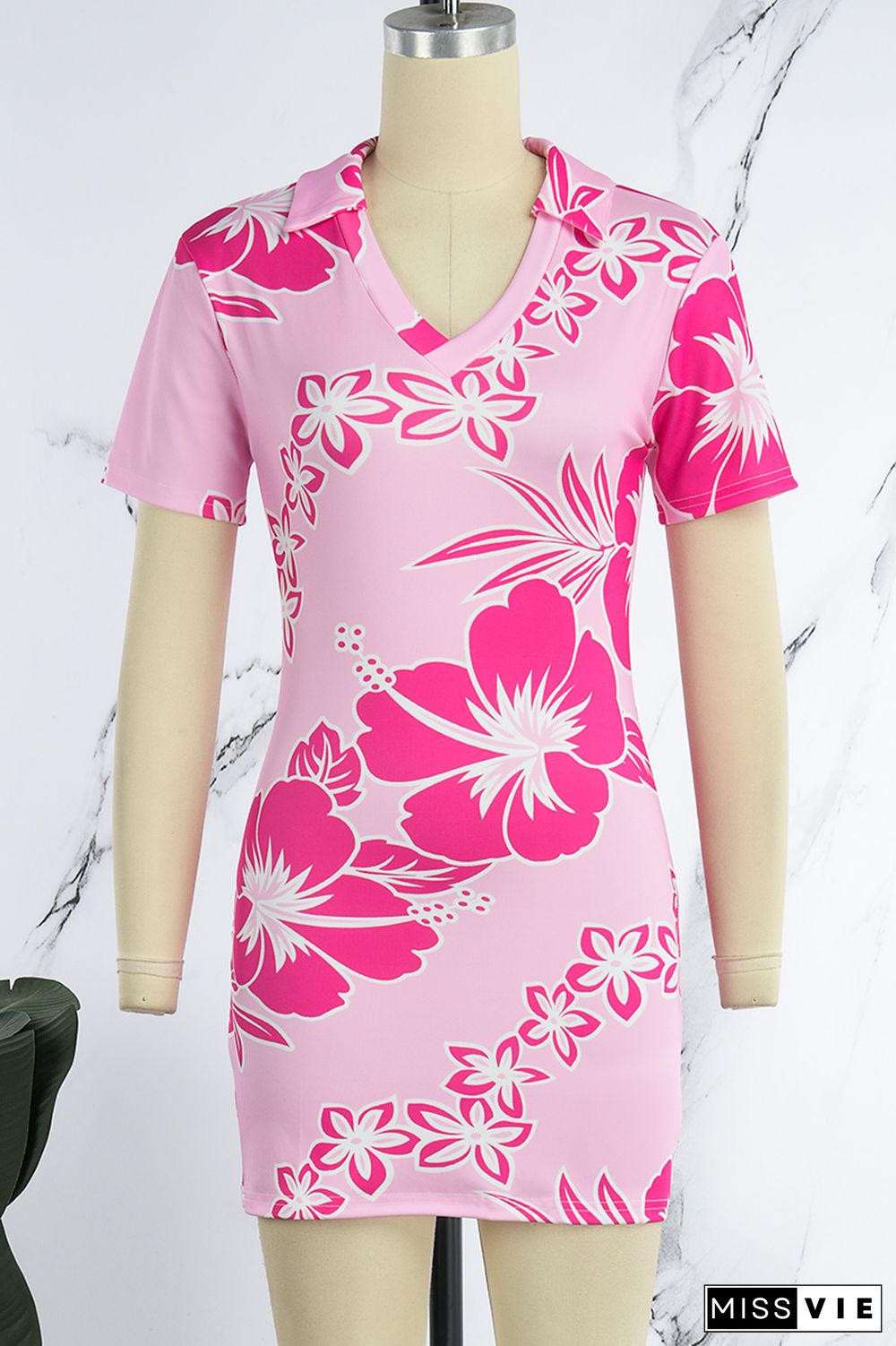 Pink Casual Print Basic V Neck Short Sleeve Dress