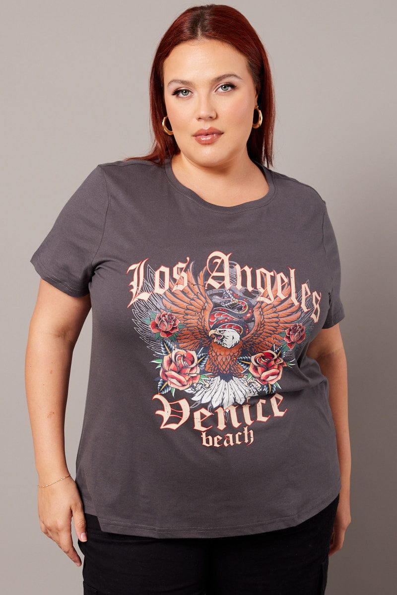 Grey Graphic T-shirt Short Sleeve Crew Neck