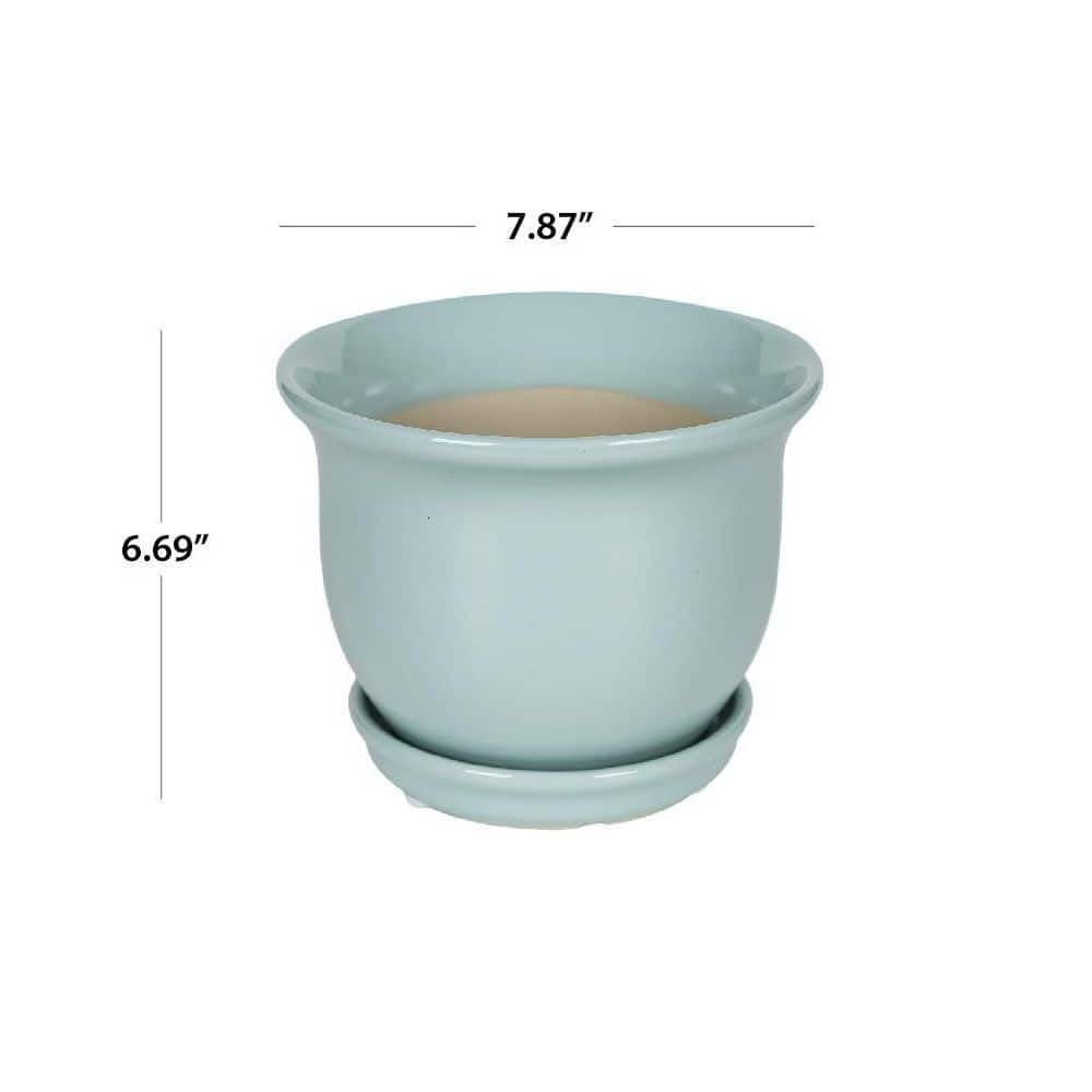 Vigoro 7.9 in. Coralie Small Seabreeze Blue Ceramic Planter (7.9 in. D x 6.7 in. H) with Drainage Hole and Attached Saucer 527402