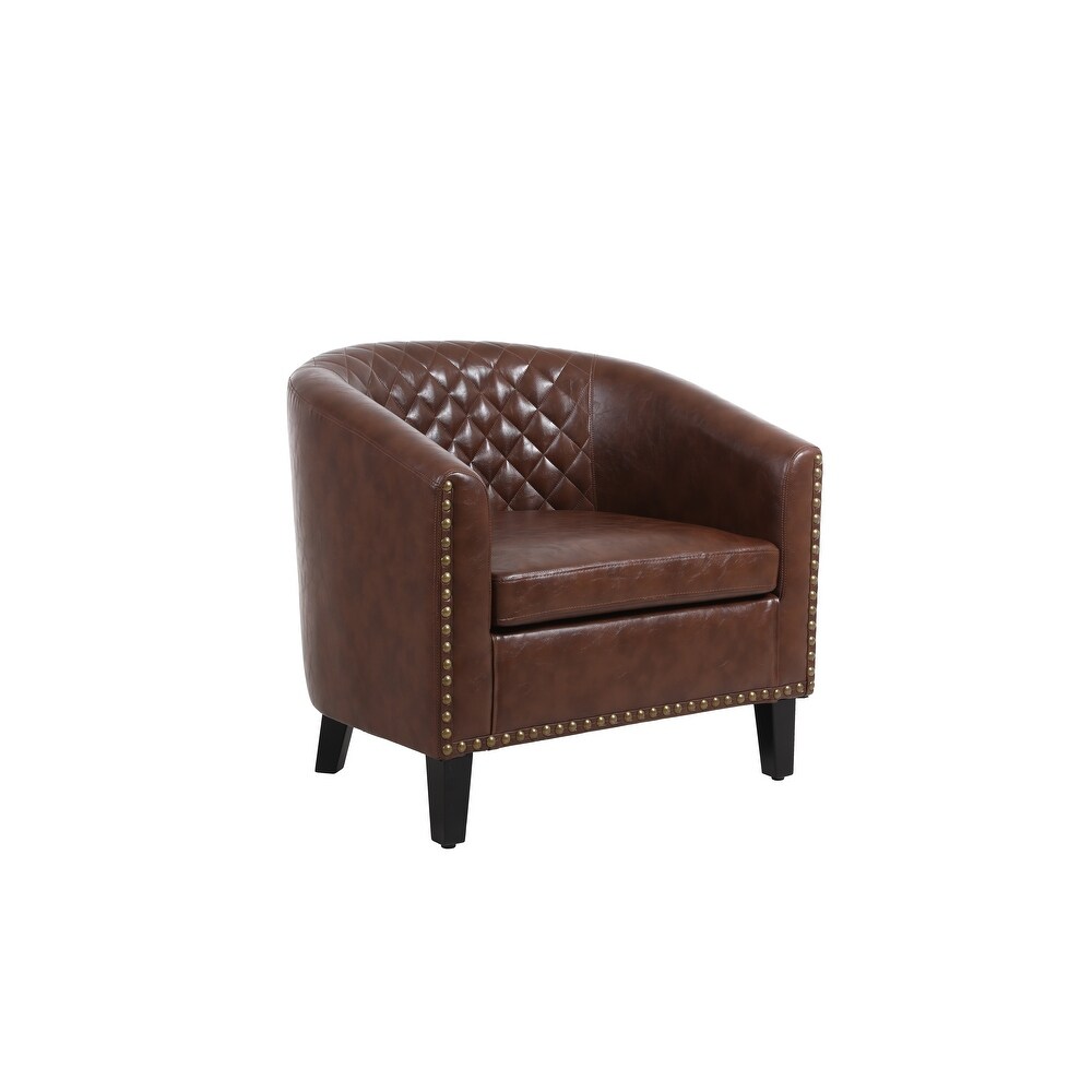 Accent Barrel Sofa Chair Pu Leather Chair with Nailheads and Solid Wood Legs Brown  for Living Room