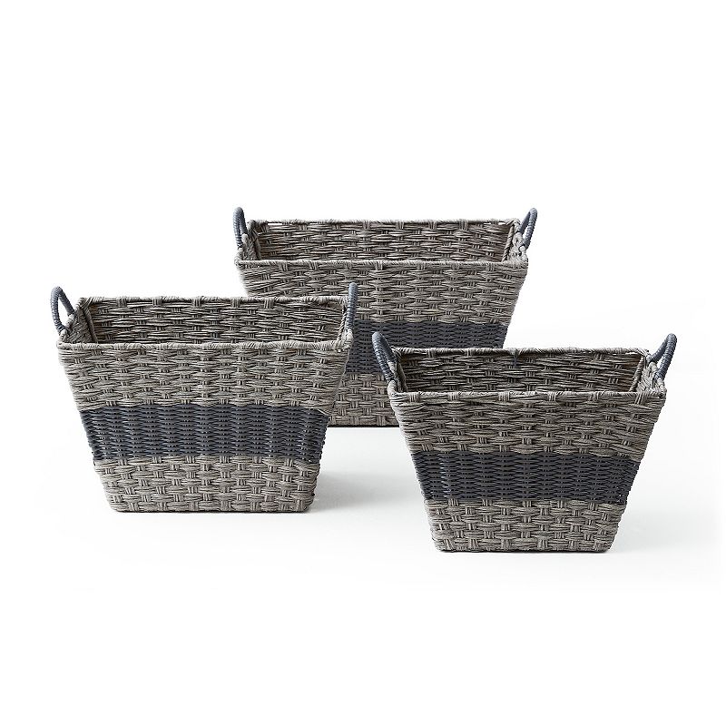 Saddle River Gray Stripe Tapered Faux Wicker Storage Bin 3-piece Set