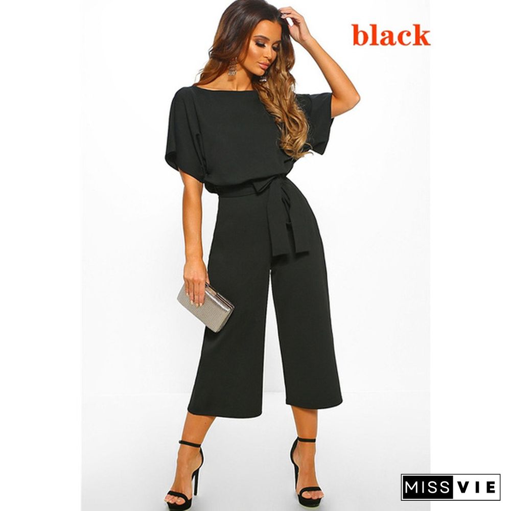 Women Casual Wide Leg Solid Color Business Wear Short Sleeve Jumpsuit