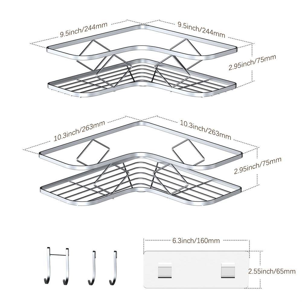 Cubilan Wall Mounted Bathroom Shower Caddies Corner Shower Shelves with Hooks in Silver 2-Pack HD-CD9