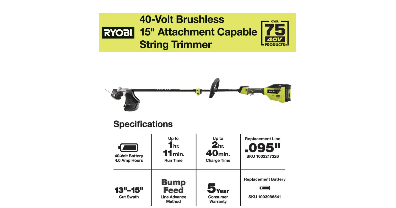 RYOBI RY40270VNM 40V Brushless Cordless Battery Attachment Capable String Trimmer with 4.0 Ah Battery and Charger