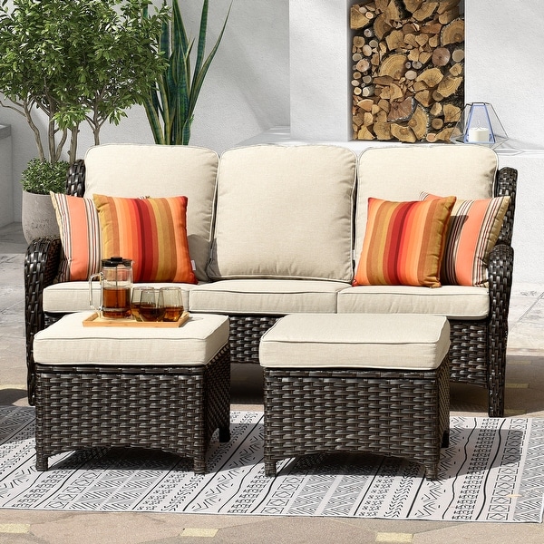 OVIOS Patio 3piece Rattan Wicker Sectional Sofa Set with Ottomans