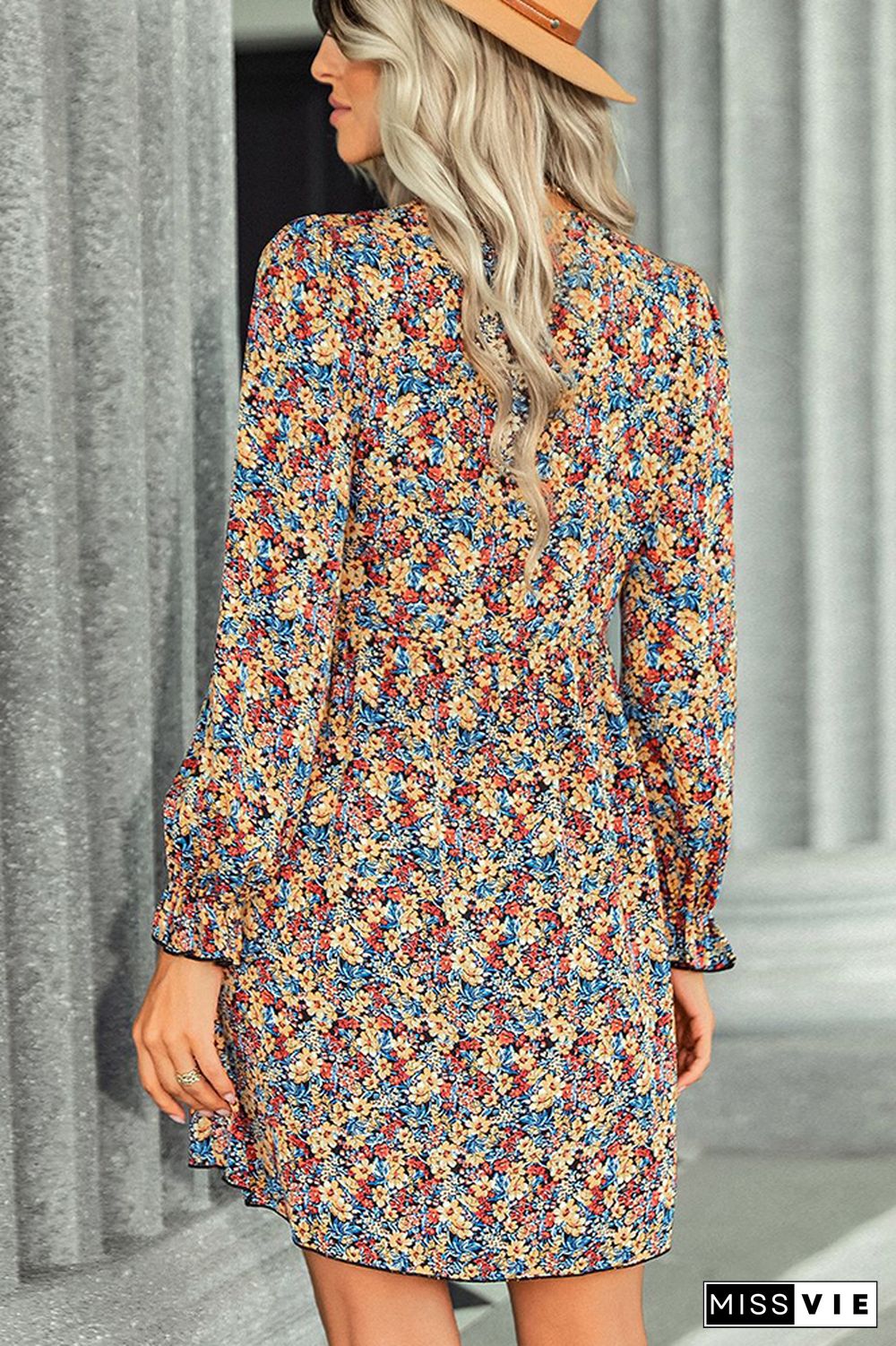 Button Down V Neck Floral Long Sleeves Mini Dress