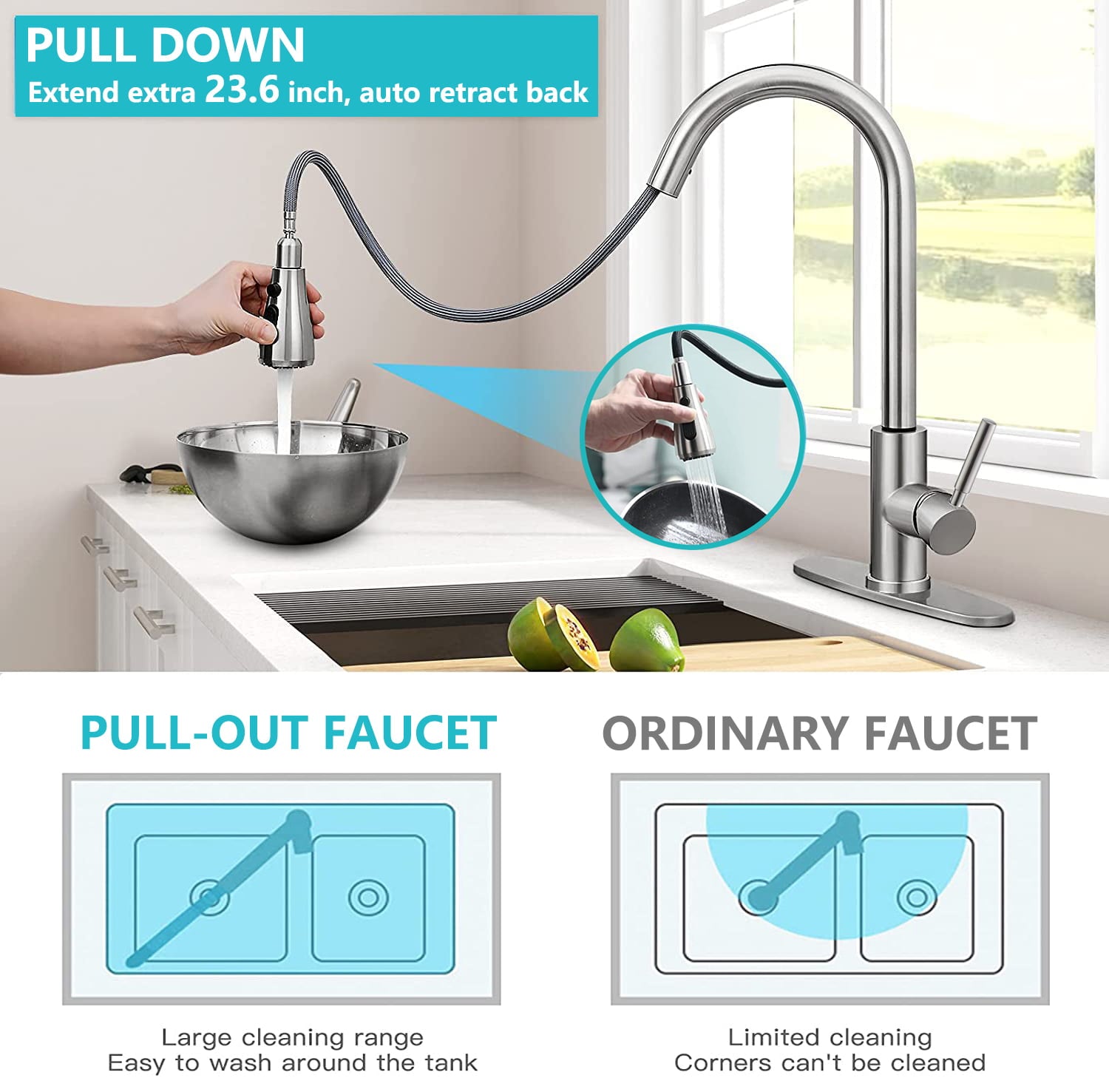 PHANCIR Kitchen Faucet with Pull Down Sprayer， High Arc Single Handle Kitchen Sink Faucets with Pause Button Premium Brushed Nickel with Deck Plate Suit to 1 or 3 Holes