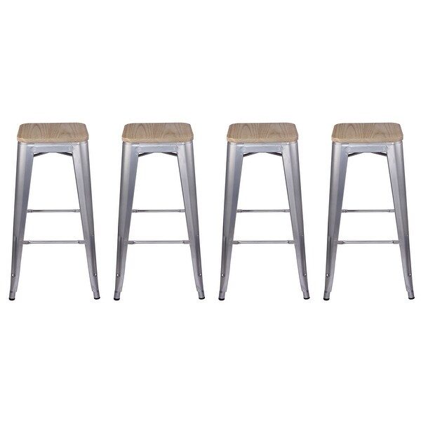 30inch Metal Stool with Light/Dark Wooden Seat-Set of 4