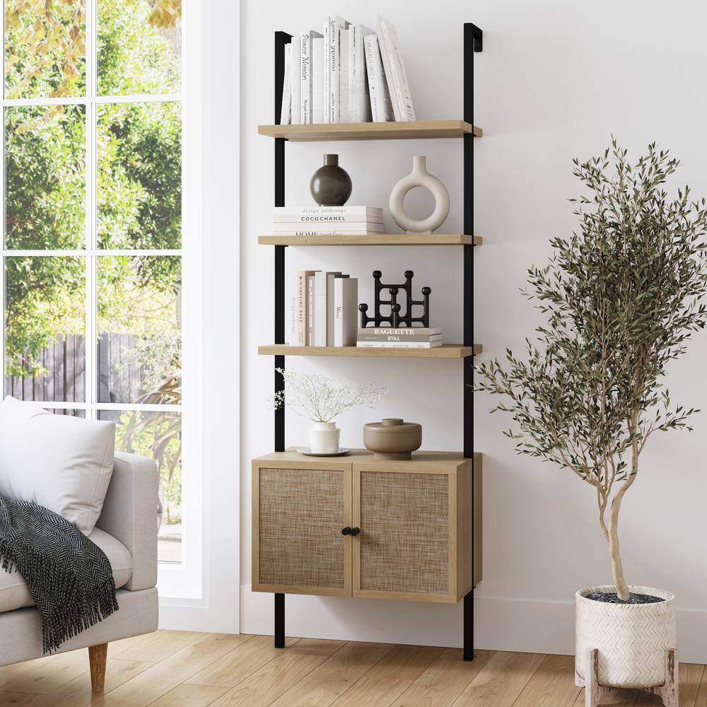 Nathan James Theo Open Shelf 73 in. High Light Oak Wood 3-Shelf Ladder Bookcase with Rattan Cabinet Doors and Matte Black Frame 66501