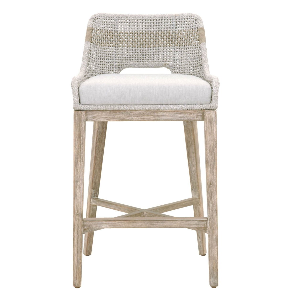 Interwoven Rope Barstool with Flared Legs and Cross Support， Gray- Saltoro Sherpi