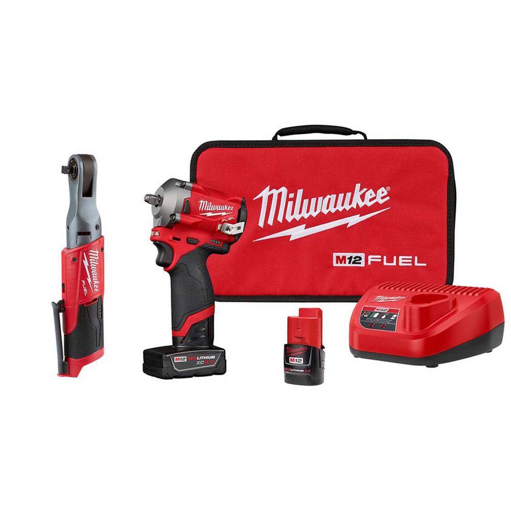 MW M12 FUEL 12V Lithium-Ion Brushless Cordless Stubby 38 in. Impact Wrench  Ratchet Combo Kit (2-Tool) 2554-22-2557-20