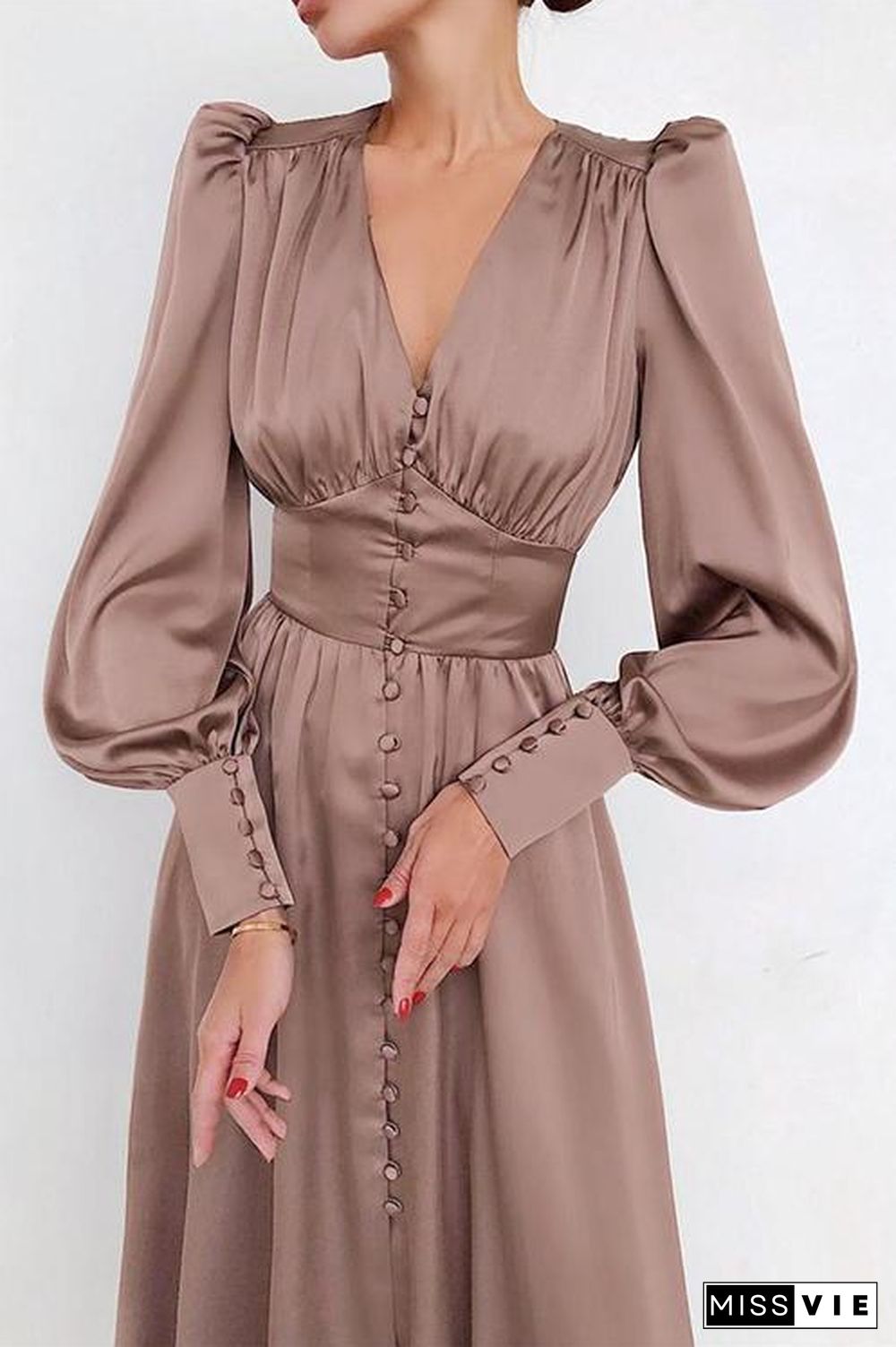 Satin Button Puff Long Sleeve Dress